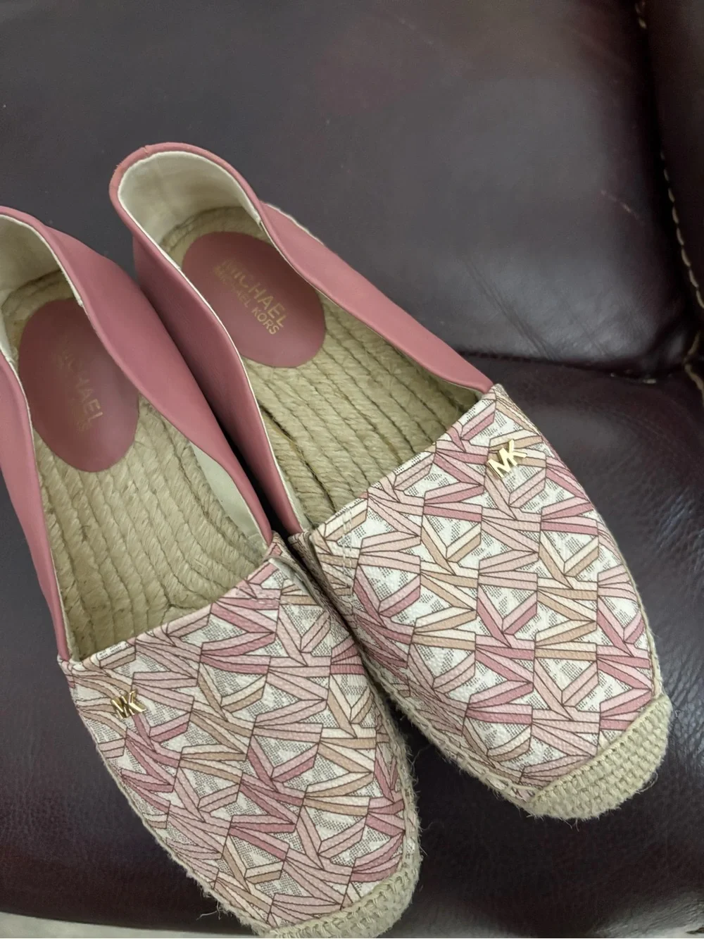 Michael Kors Pink Patterned Canvas Espadrilles with Gold MK Accent